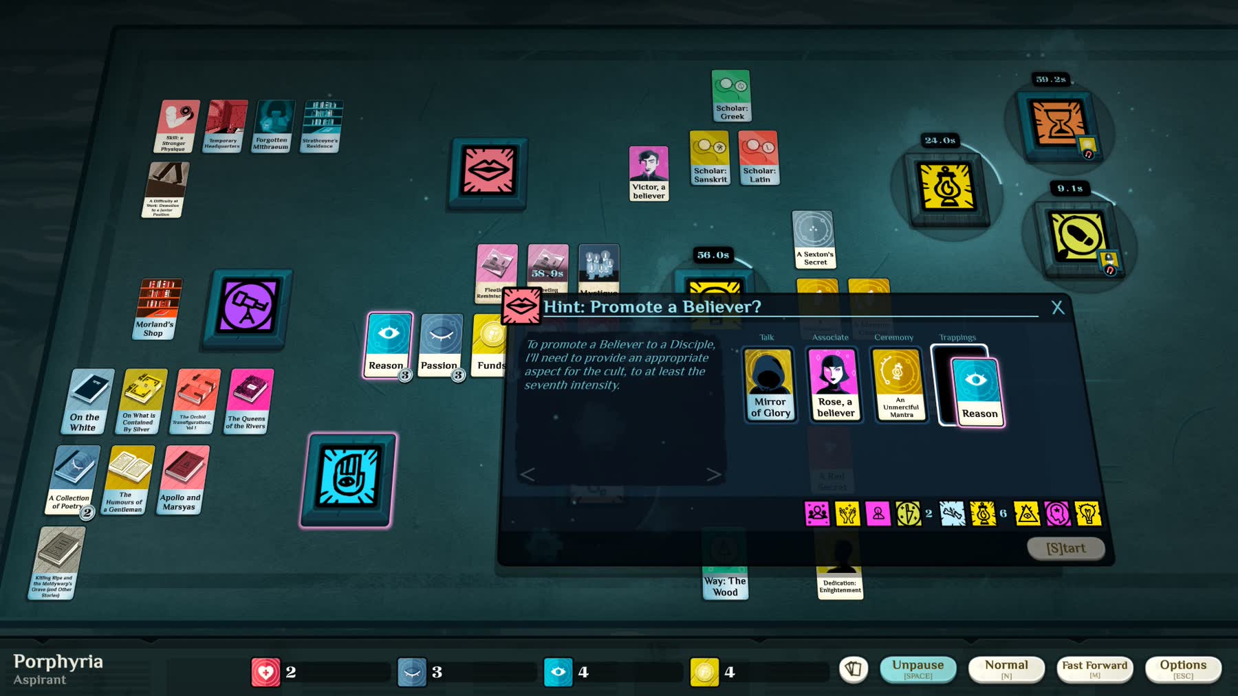 Cultist Simulator interface showing cards and an instruction to promote a believer
