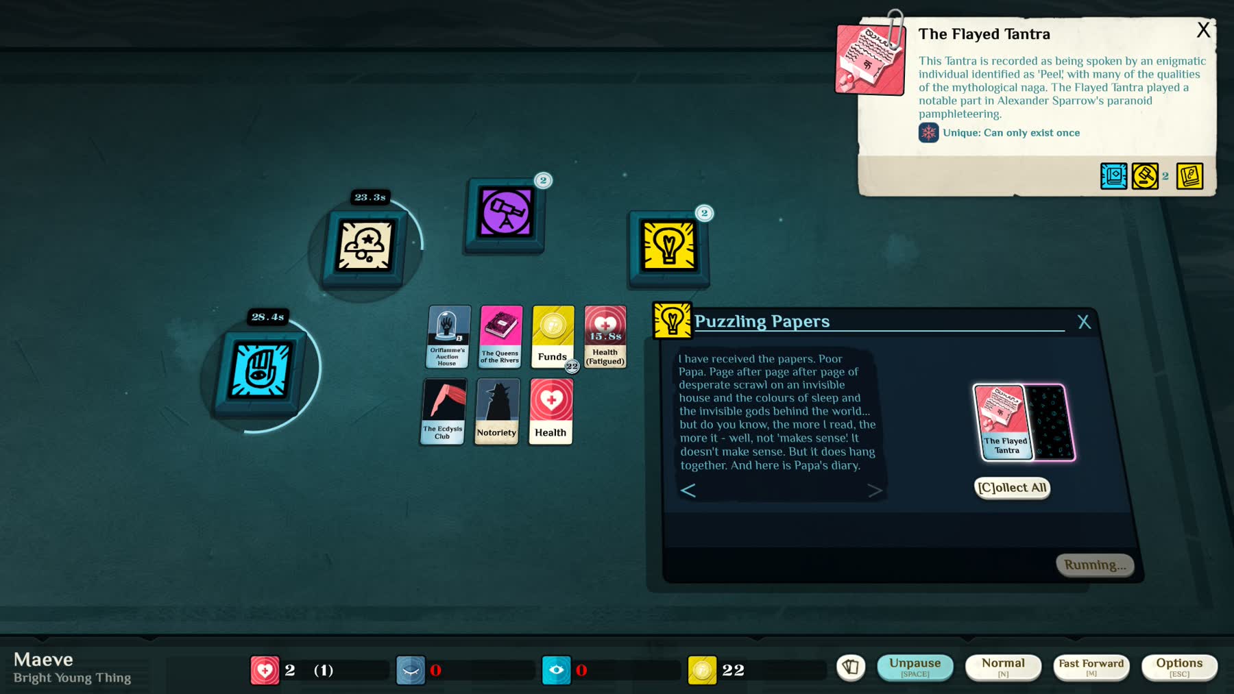 Cultist Simulator cards spread across a tabletop as the player studies occult papers