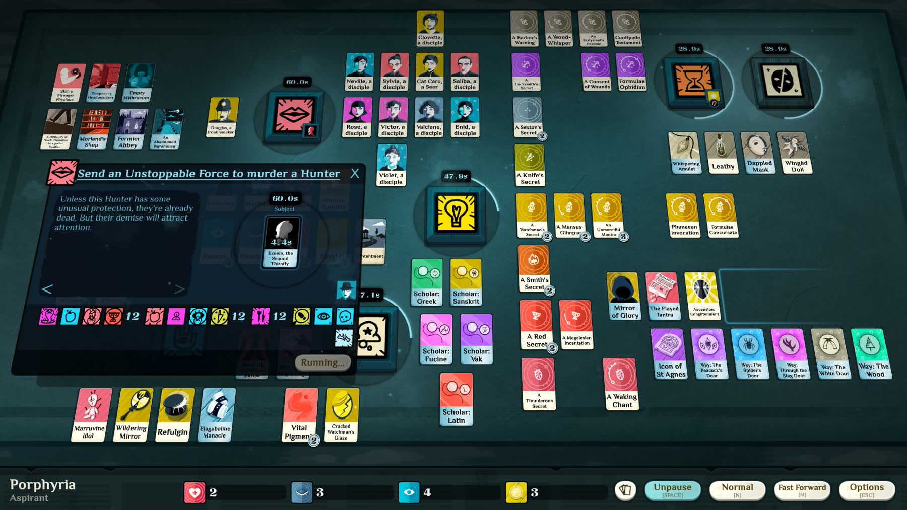 Cultist Simulator late-game board with followers, lore cards and rituals