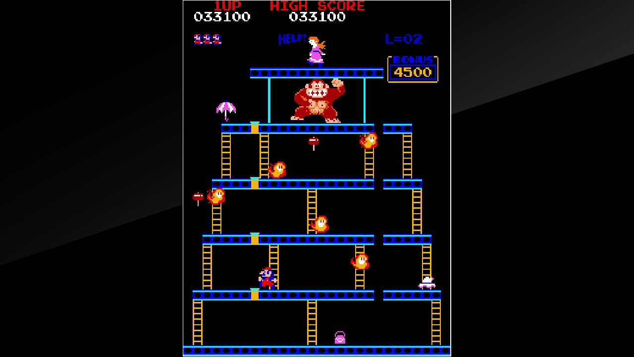 Mario removes rivets beneath Donkey Kong in the original arcade game