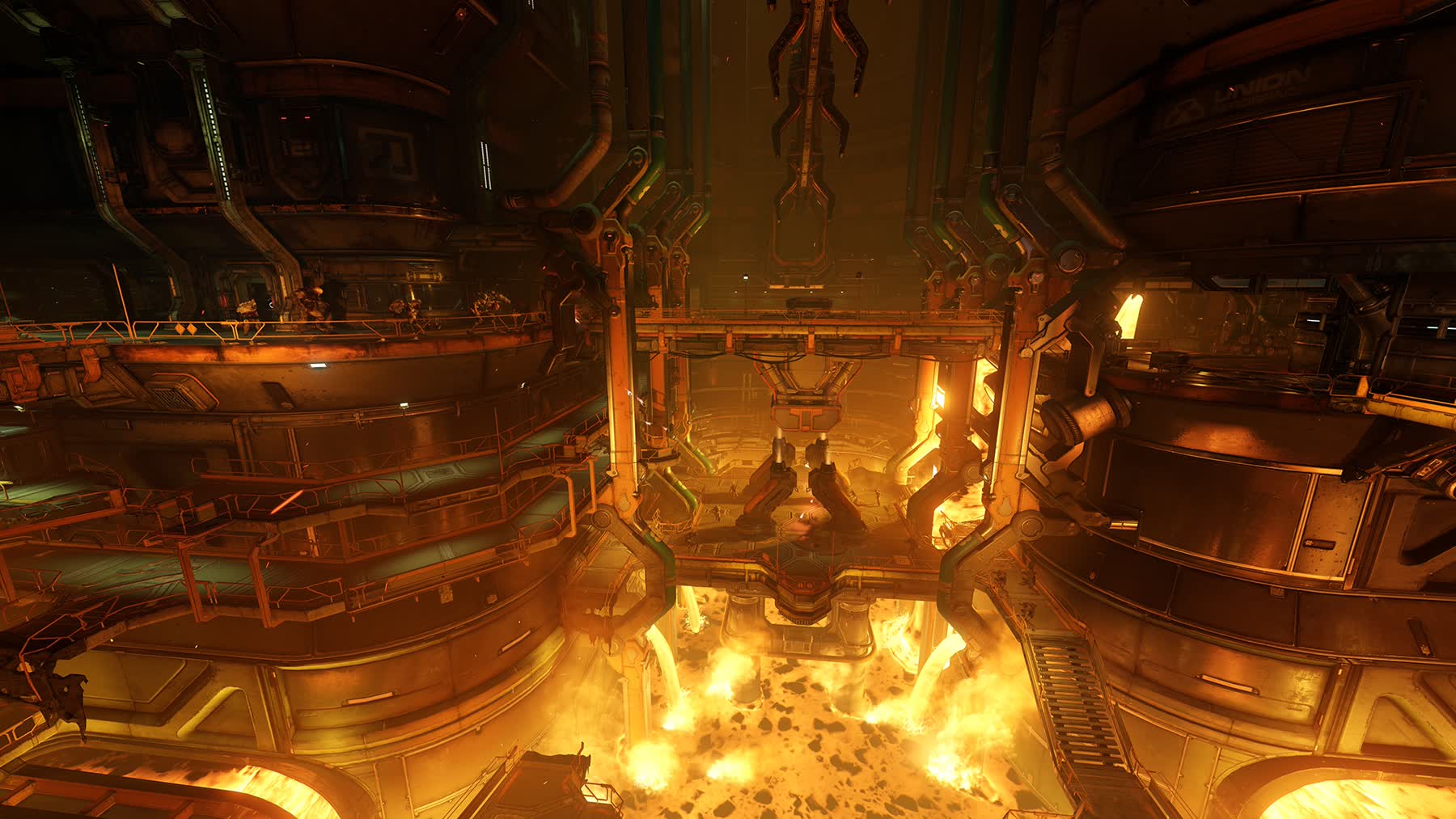 A fiery UAC foundry level in DOOM 2016