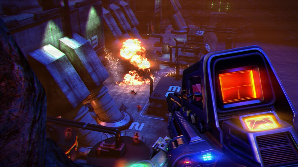 A neon weapon fight inside a Far Cry 3 Blood Dragon garrison