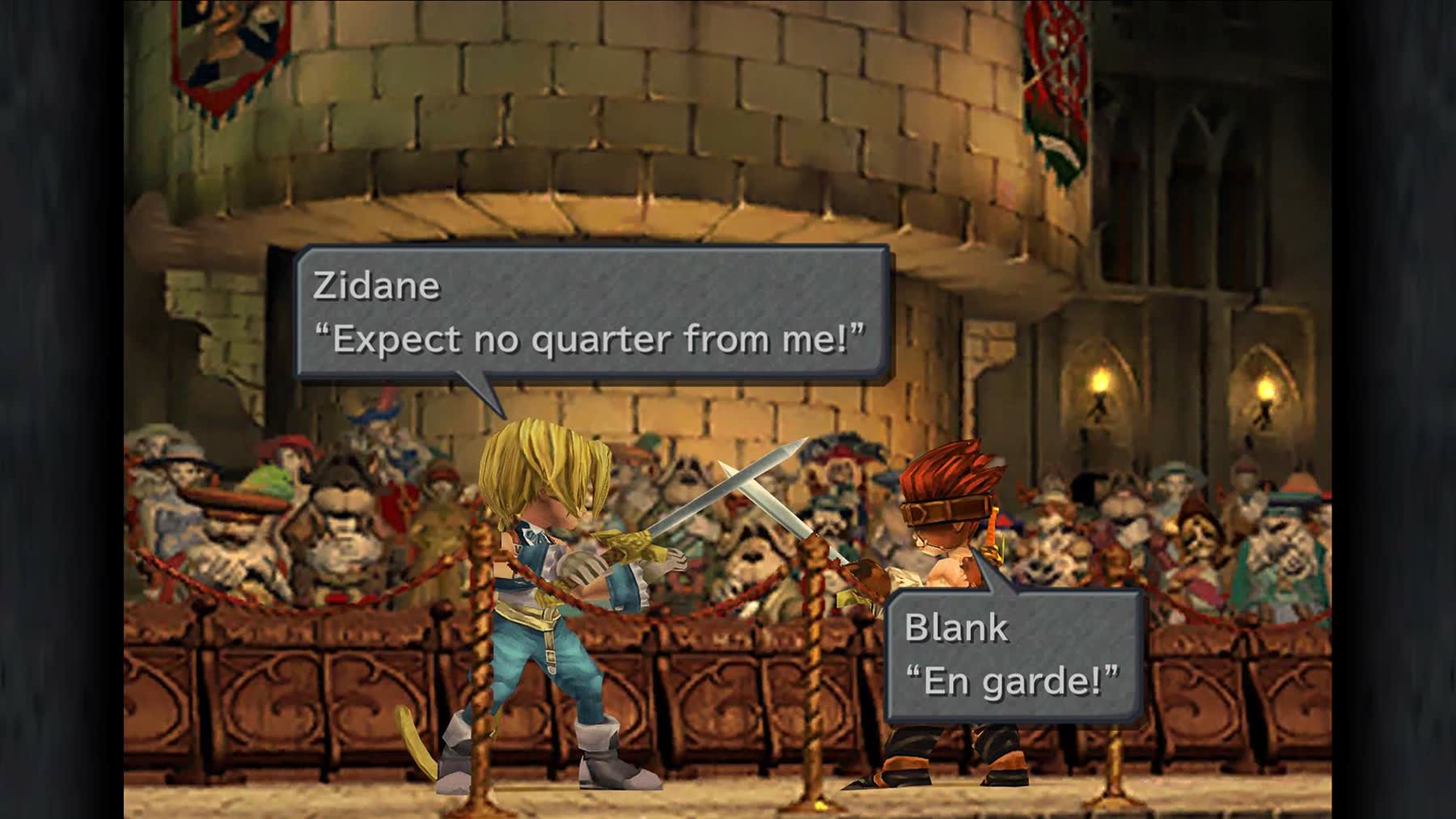 Zidane and Blank duel on stage in the opening of Final Fantasy IX.