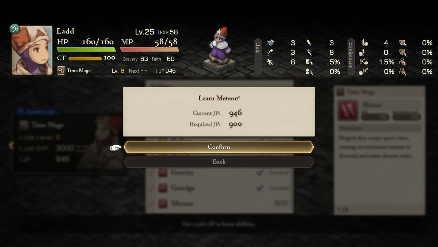 A Final Fantasy Tactics The Ivalice Chronicles battle menu showing job abilities