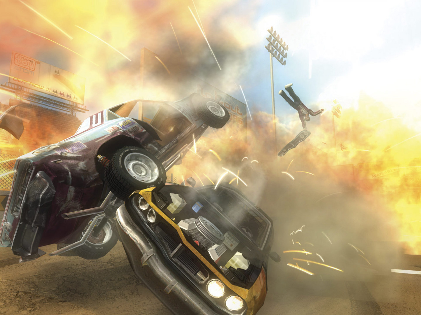 A FlatOut 2 race car drives past crash debris on a road course