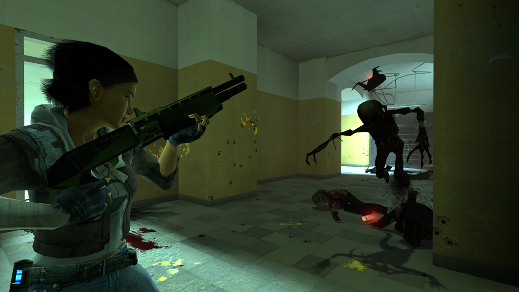 Alyx fires at zombies inside a dark building in Half-Life 2: Episode One.