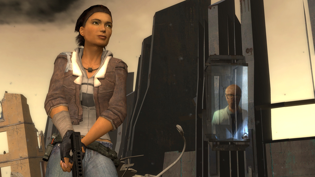 Alyx Vance listens as Dr. Kleiner appears on a monitor in Half-Life 2: Episode One.
