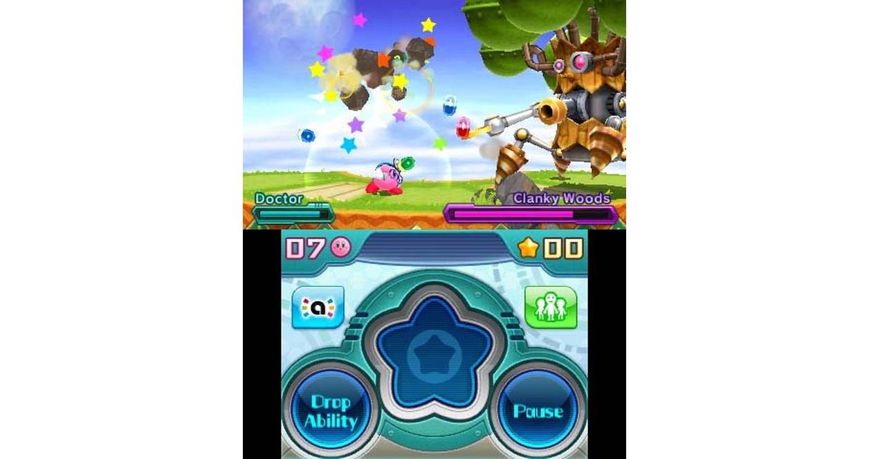 Doctor Kirby fighting Clanky Woods in Kirby: Planet Robobot