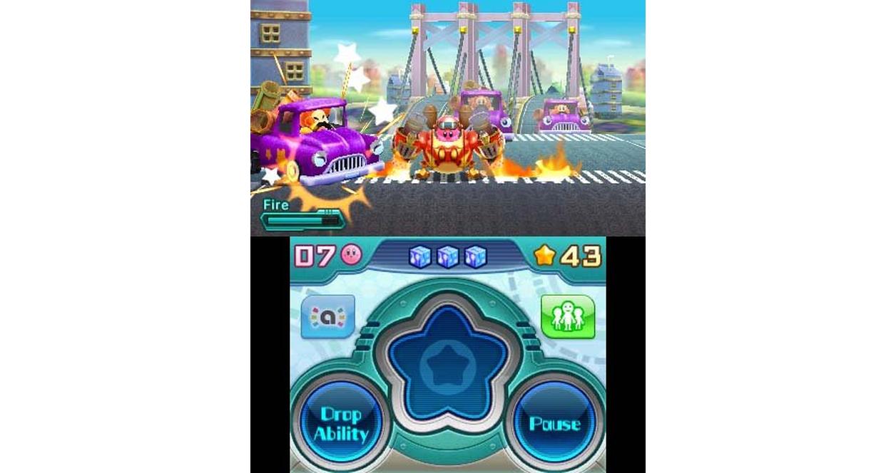 Kirby using the Fire ability in a mechanized city stage in Kirby: Planet Robobot