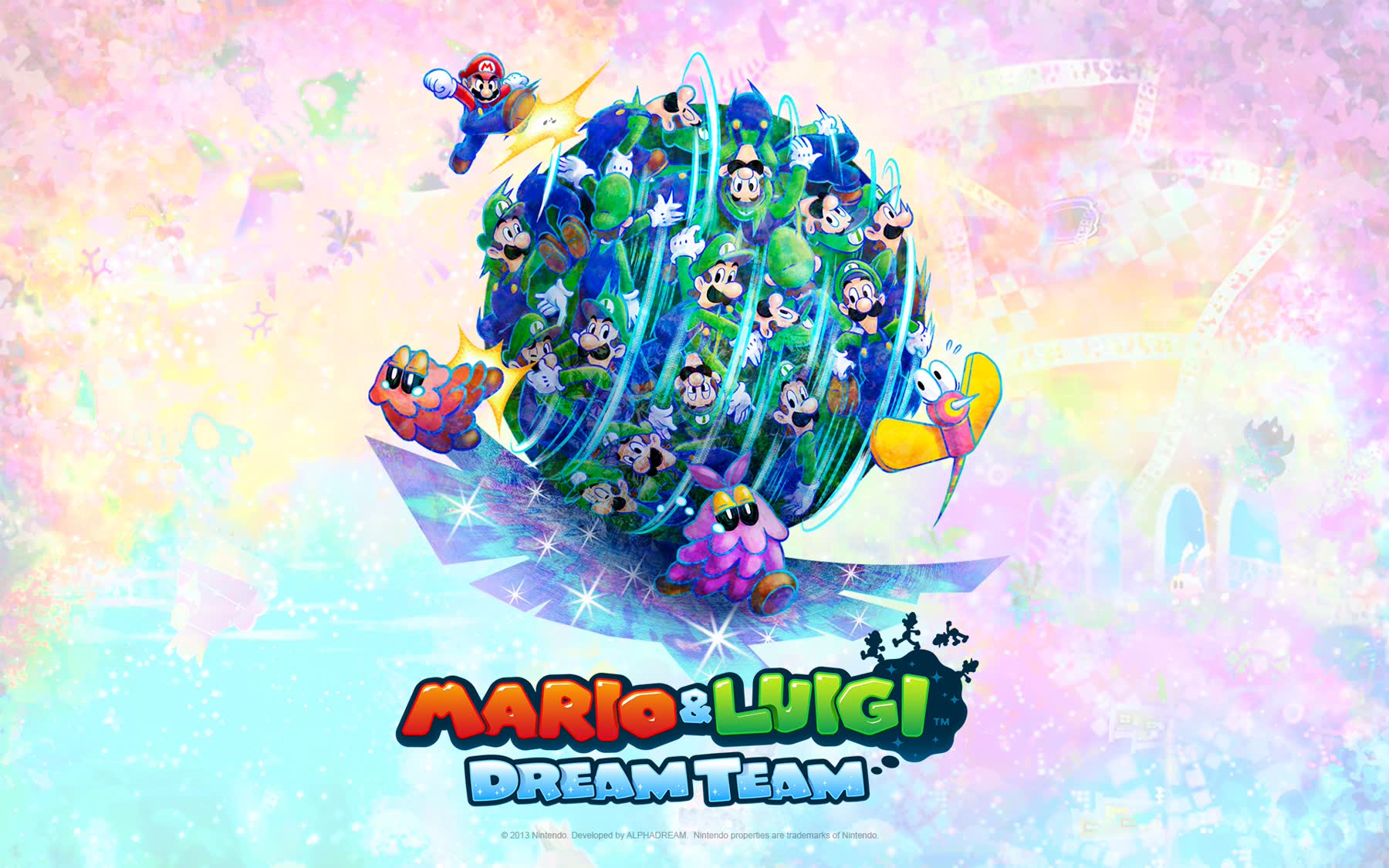 Mario balances on a ball made of Luigi copies in Mario and Luigi Dream Team.