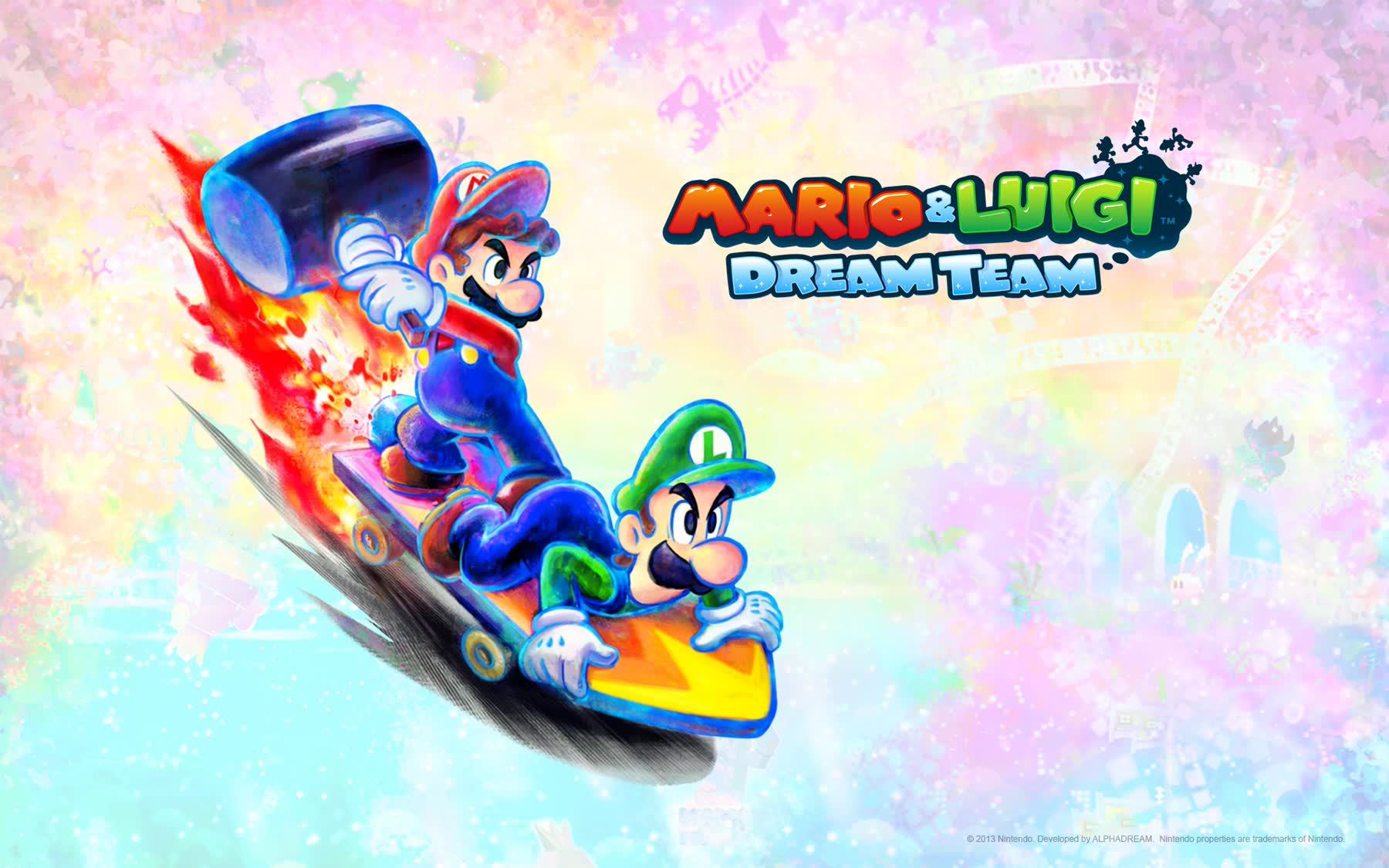 Mario rides a skateboard with Dreamy Luigi copies in Mario and Luigi Dream Team.