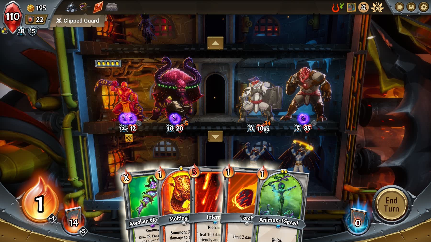 A Monster Train battle showing enemies advancing through a three-floor train car