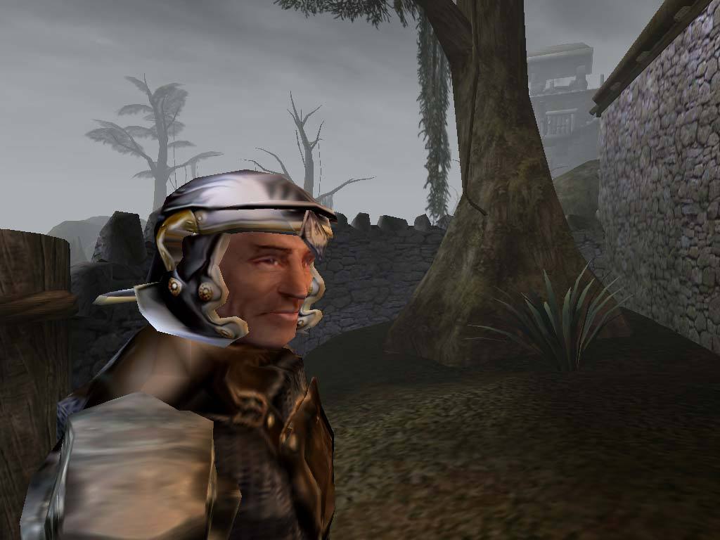 A Dunmer character stands in a misty Morrowind settlement