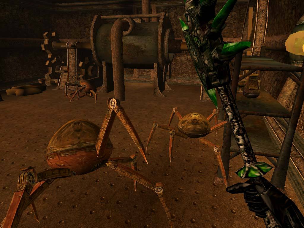 A Dwemer ruin in Morrowind with mechanical spider enemies