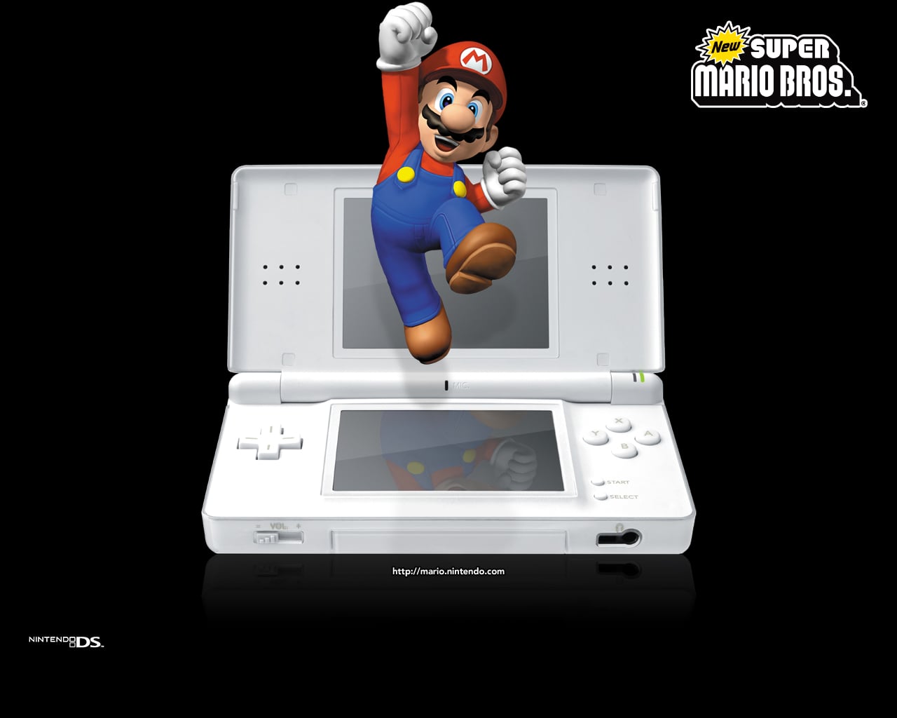 Mario jumps out of a white Nintendo DS in New Super Mario Bros. promotional art