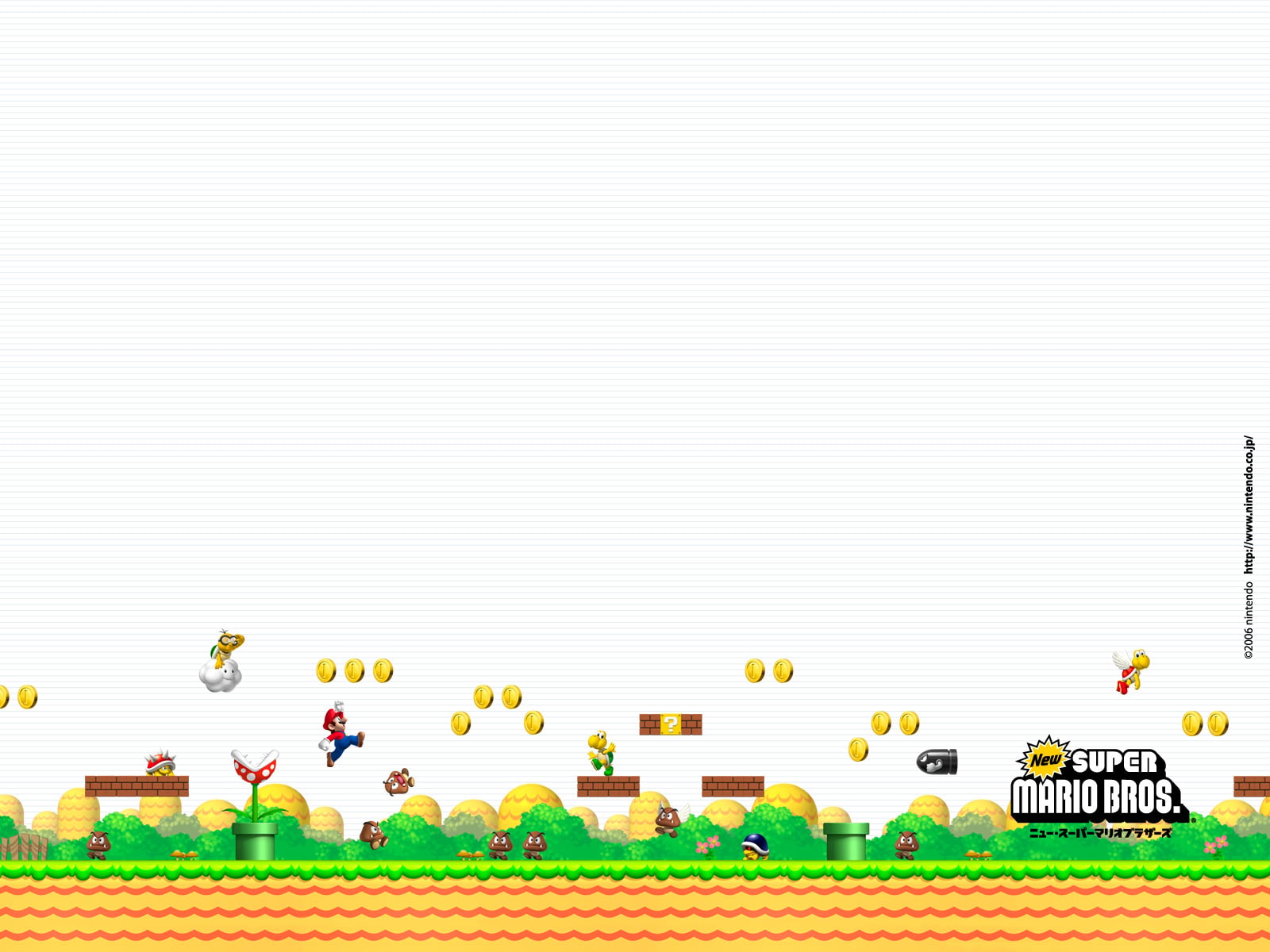 A side-scrolling New Super Mario Bros. course scene with Mario, enemies, coins and pipes