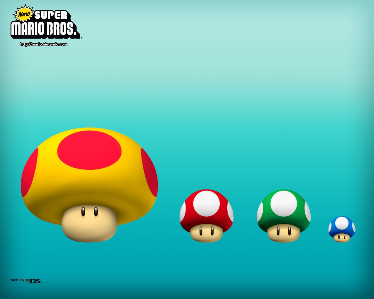 Mega Mushroom, Super Mushroom, 1-Up Mushroom and Mini Mushroom artwork from New Super Mario Bros.