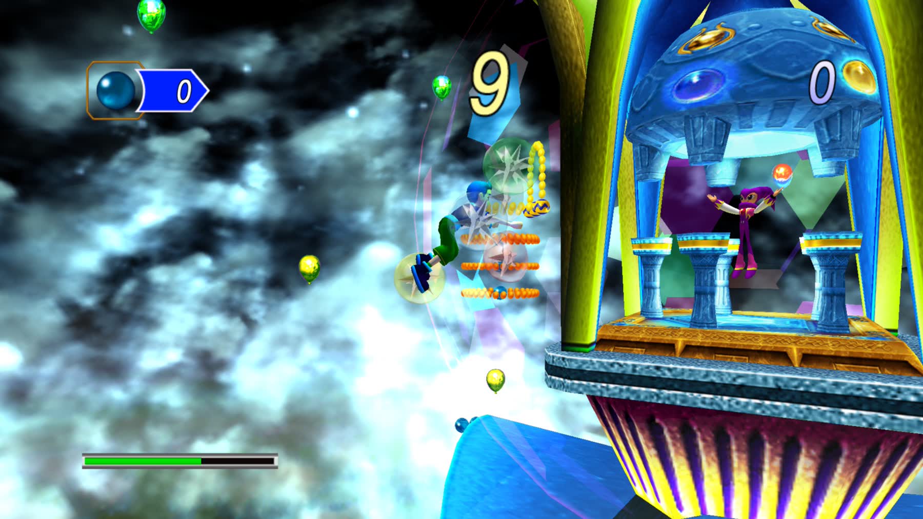 NiGHTS flies through a cloudy dream arena in NiGHTS into Dreams.