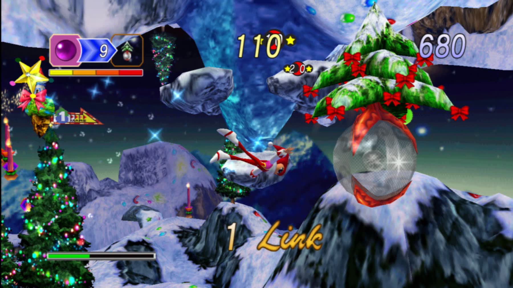 NiGHTS flies through a snowy Christmas-themed dream stage in NiGHTS into Dreams.