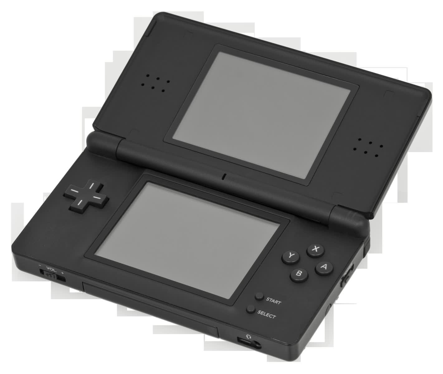 A black Nintendo DS Lite open with both screens visible