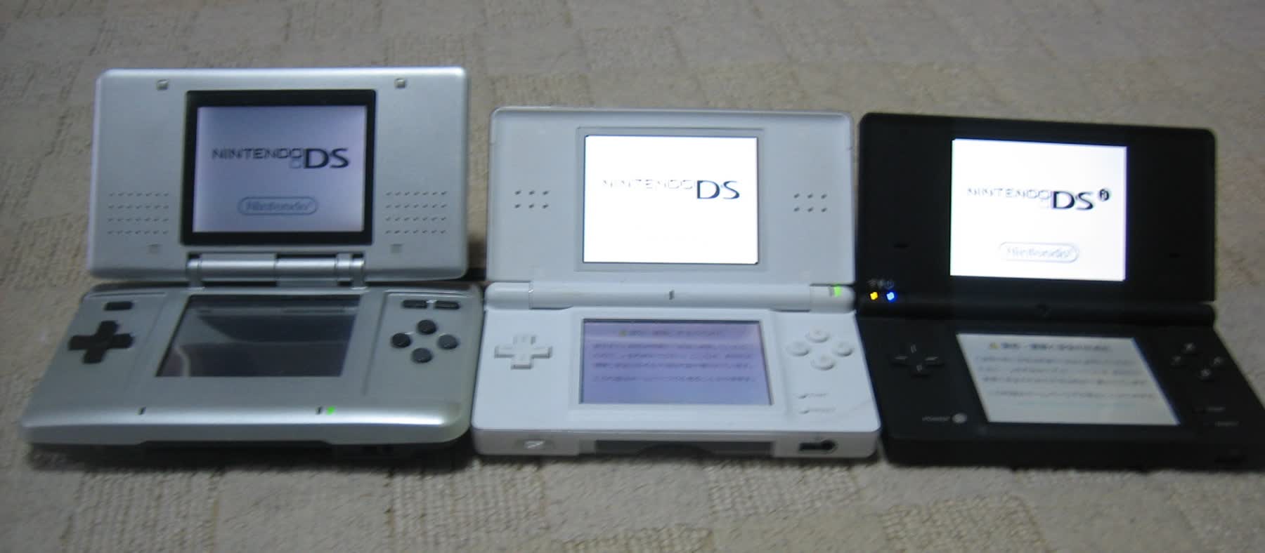 The original Nintendo DS, Nintendo DS Lite and Nintendo DSi shown side by side