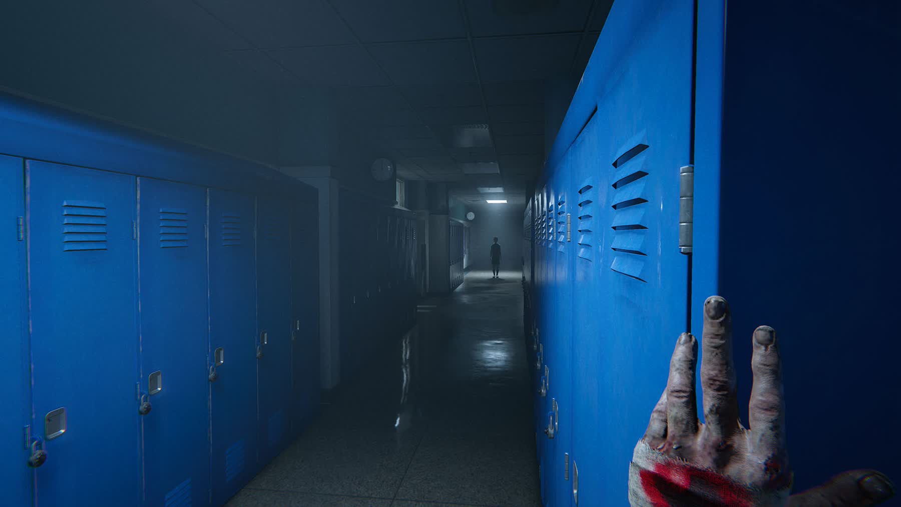 A dim school hallway lined with bright blue lockers and a distant figure in Outlast 2