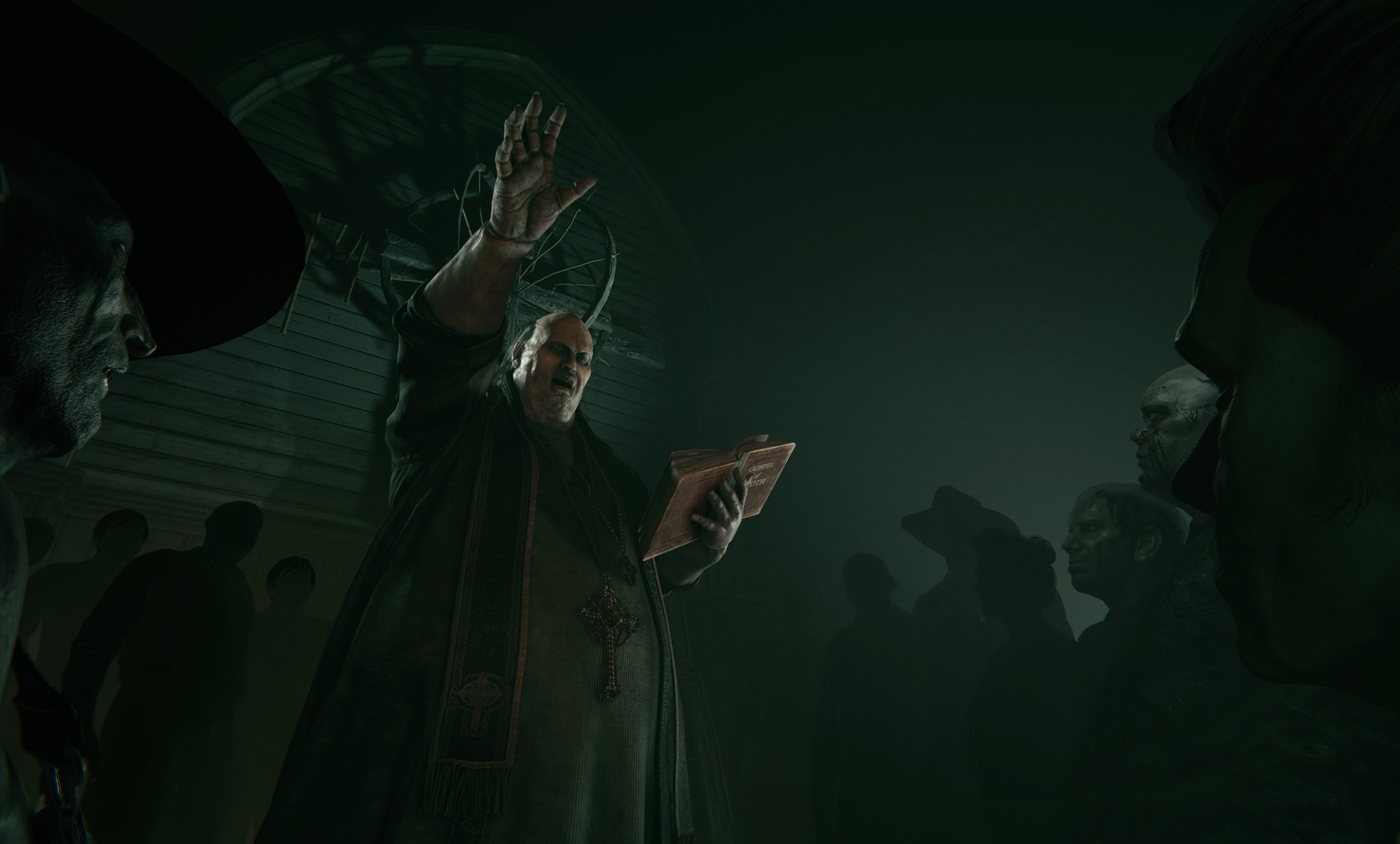 A preacher raises his hand before a shadowy congregation in Outlast 2