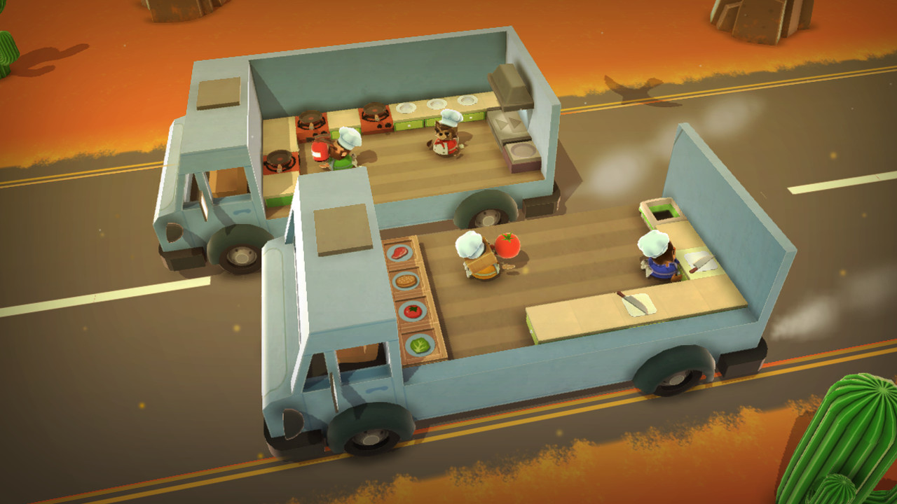 Overcooked chefs cook burgers across two moving food trucks.
