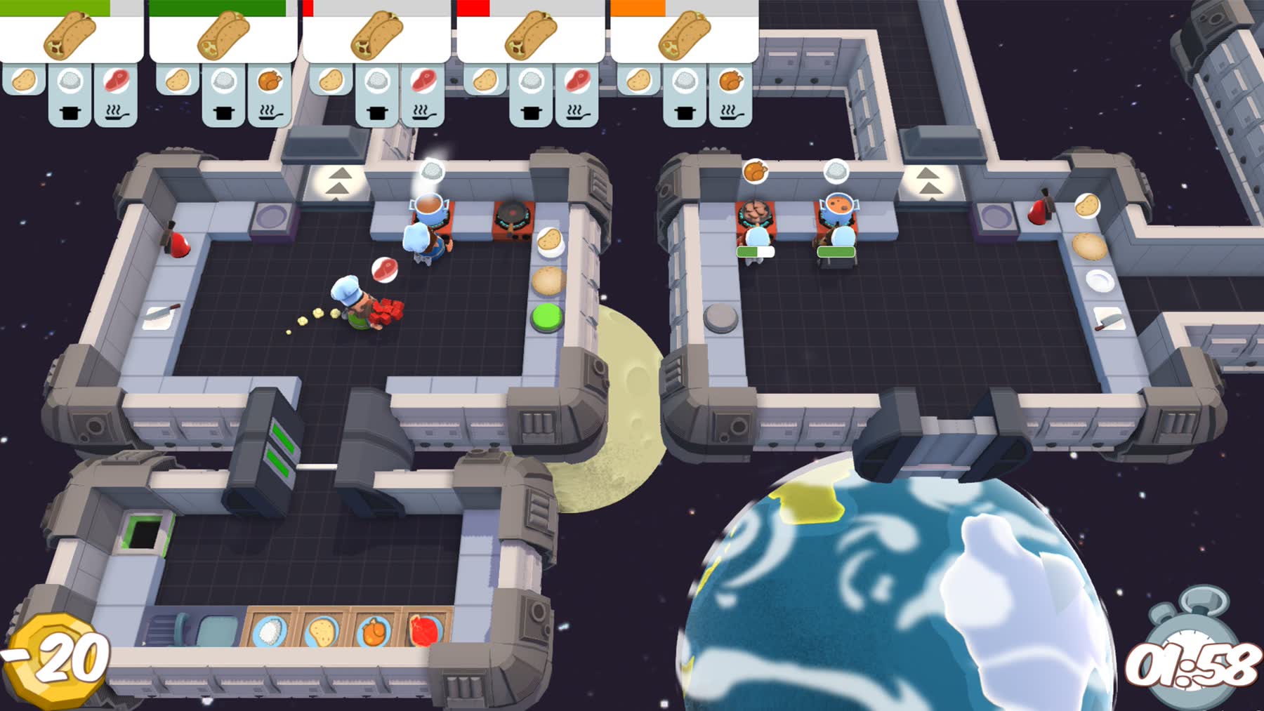 Overcooked chefs cook in a space station level split into separate compartments.