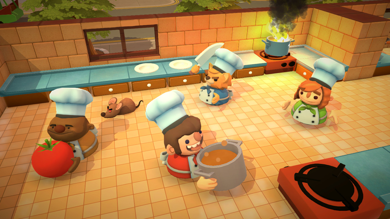 Four Overcooked chefs scramble around ingredients and cooking stations.