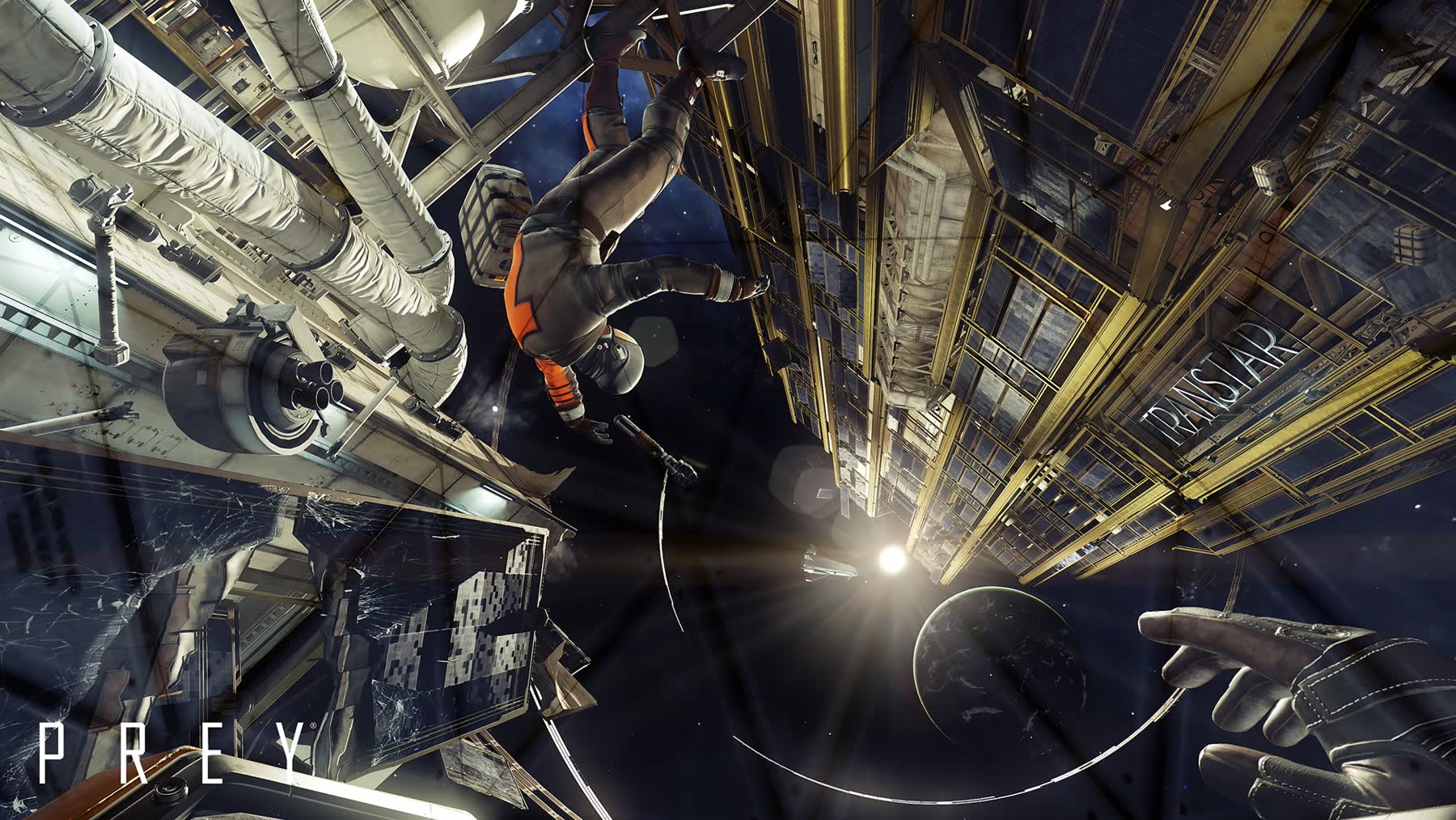 Morgan Yu floats outside Talos I in Prey