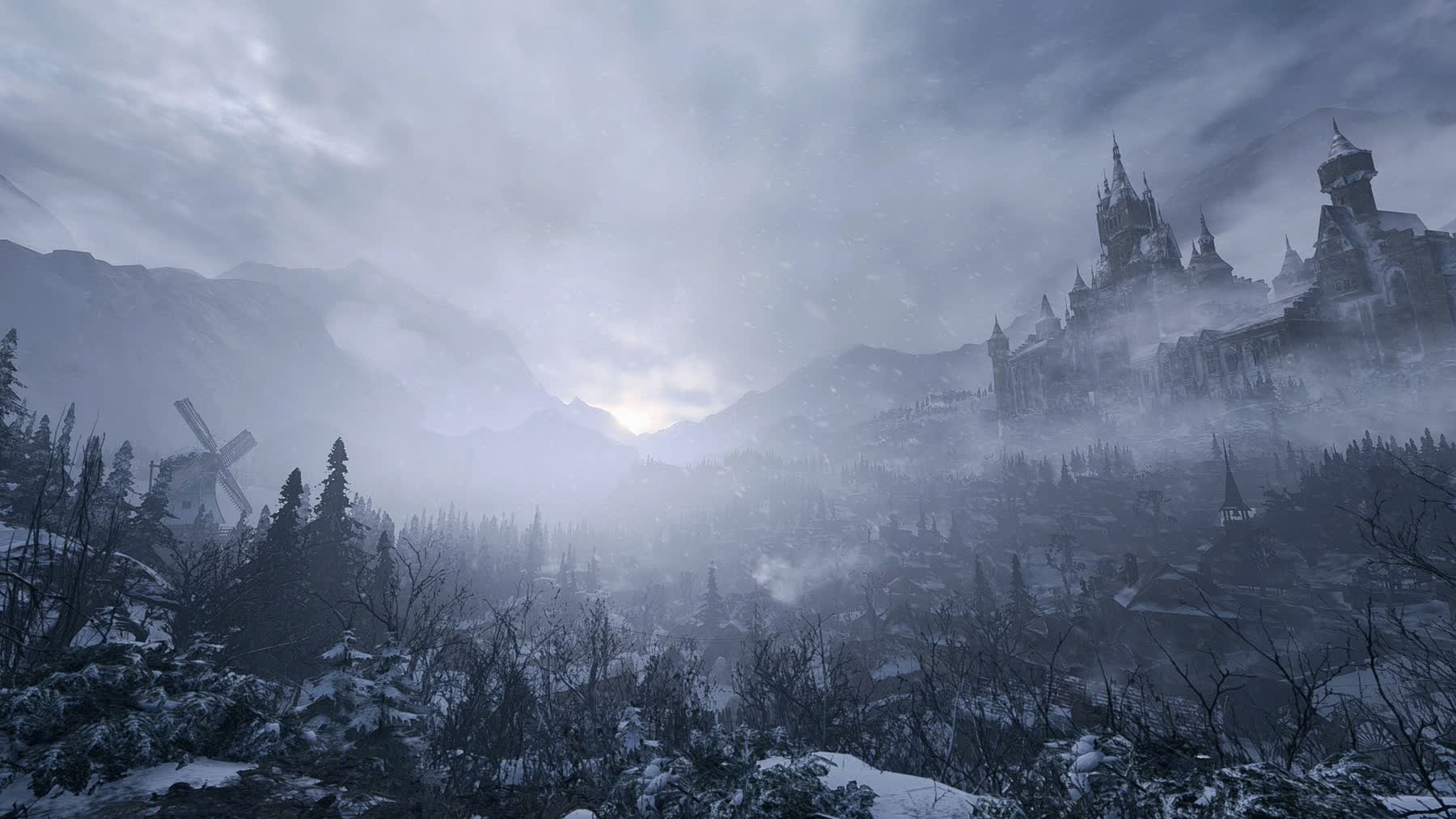 Resident Evil Village snowy mountain village with Castle Dimitrescu in the distance