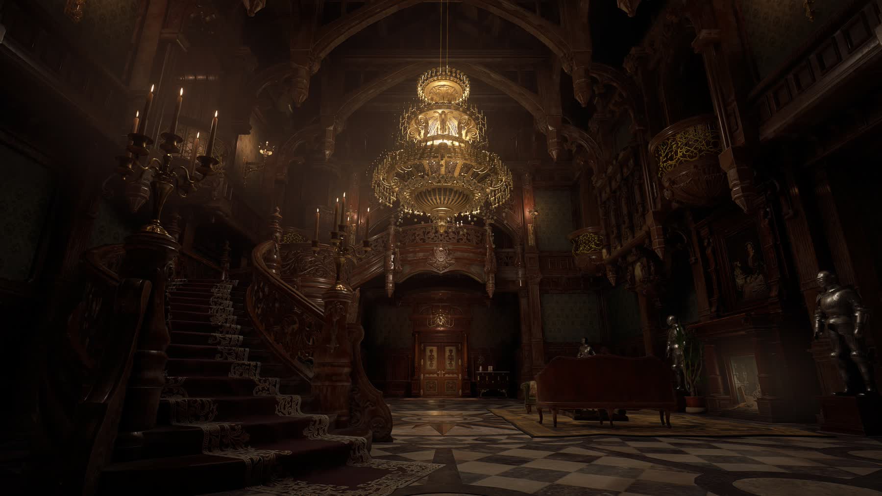 Resident Evil Village Castle Dimitrescu foyer with grand staircase and chandelier