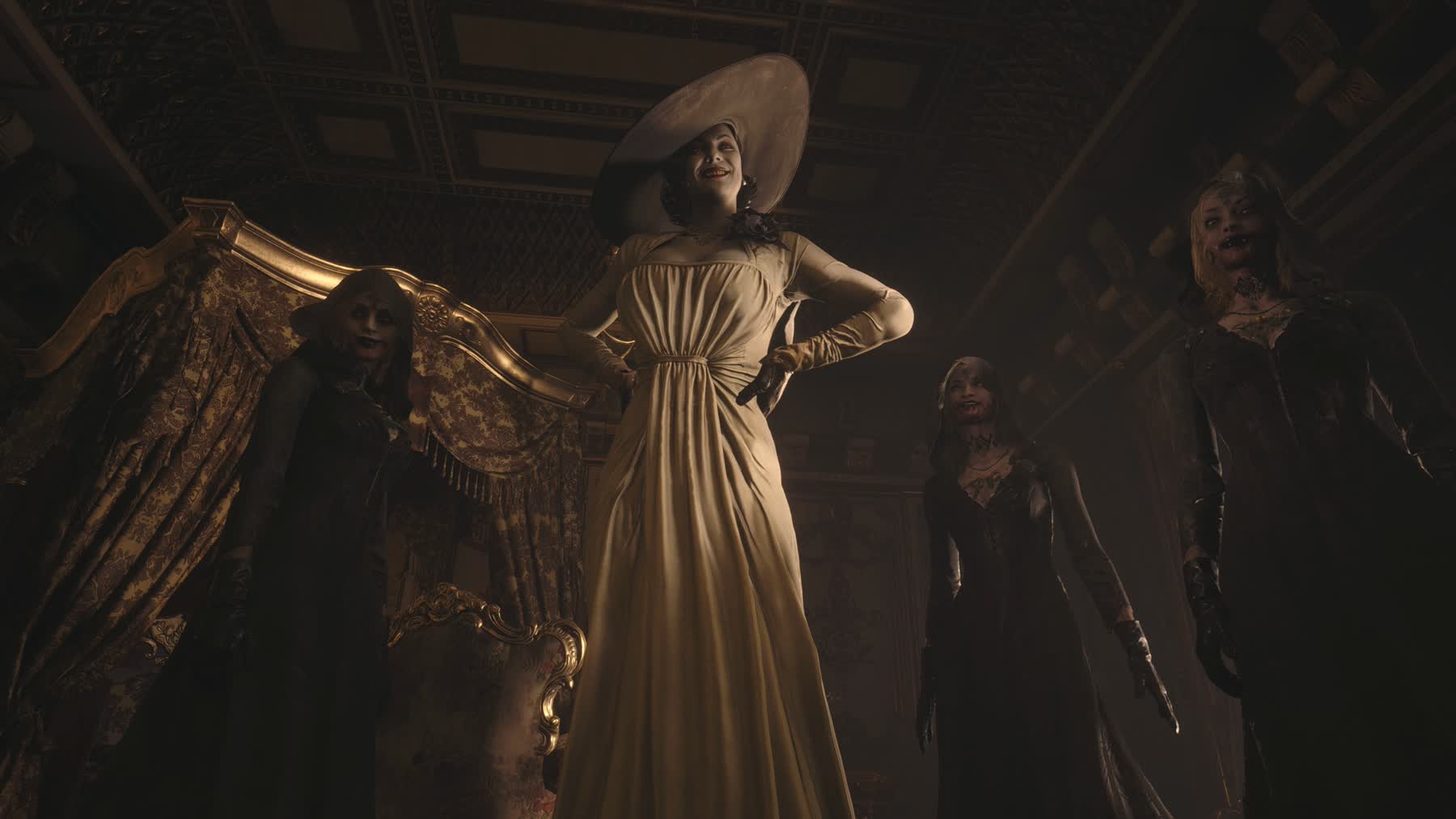 Lady Dimitrescu and her daughters loom over the player in Resident Evil Village