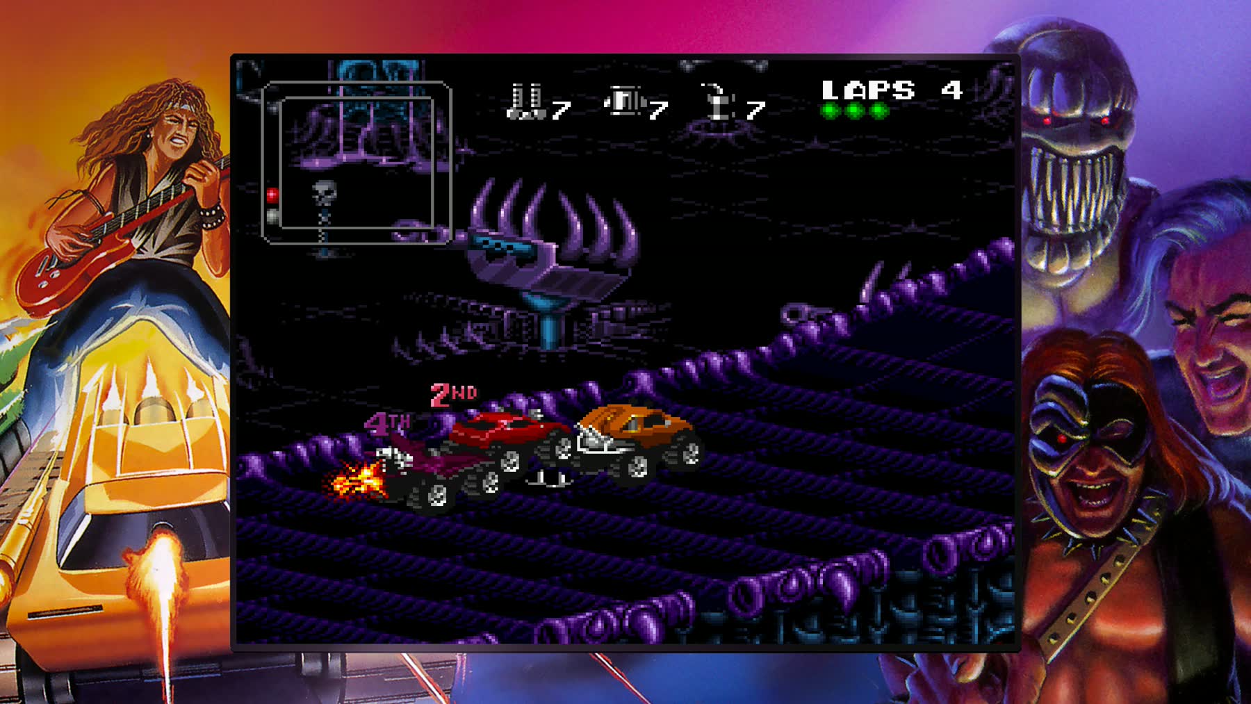 Rock N Roll Racing cars battling on a purple alien track