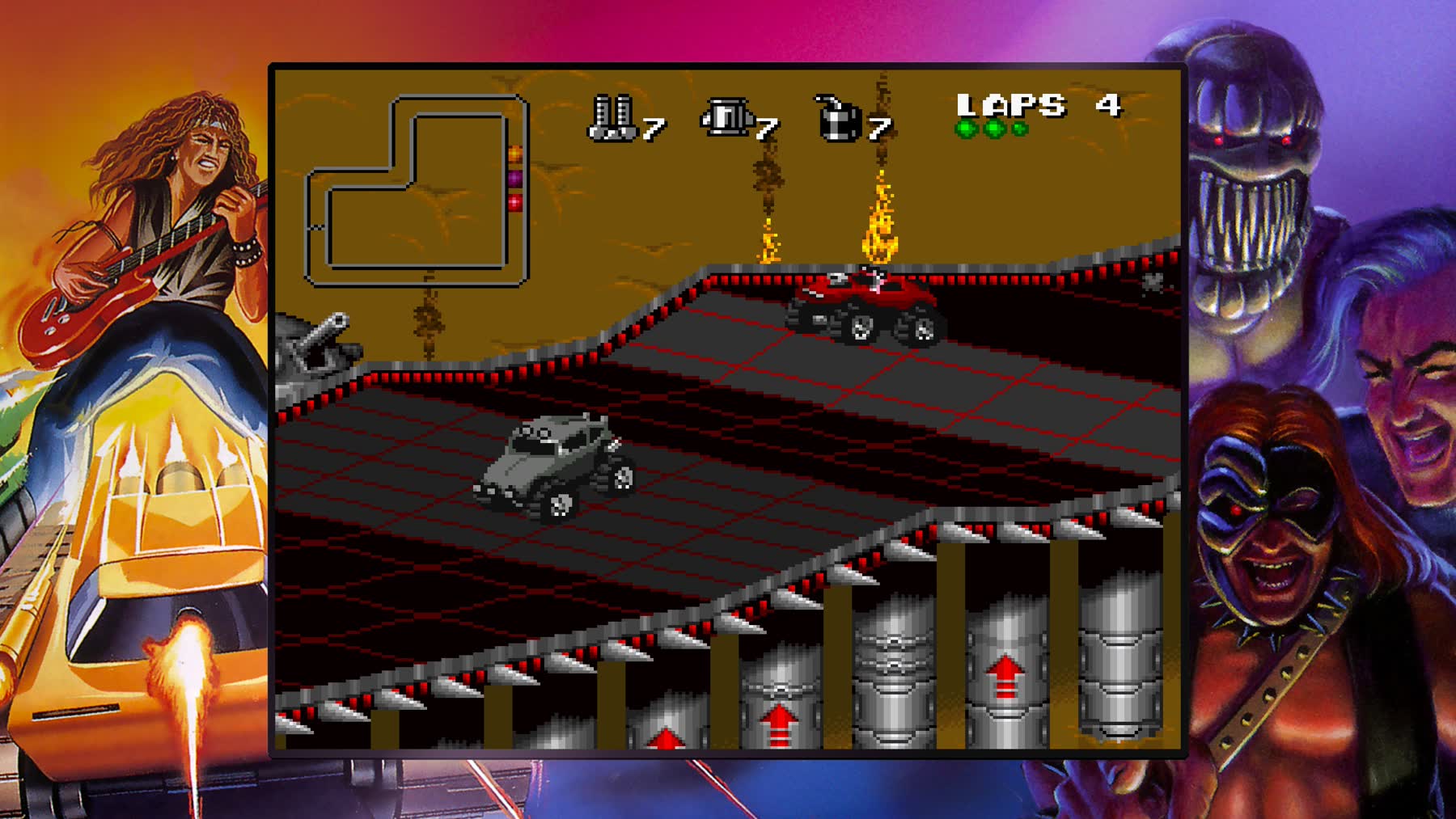 Rock N Roll Racing gameplay on a red industrial track