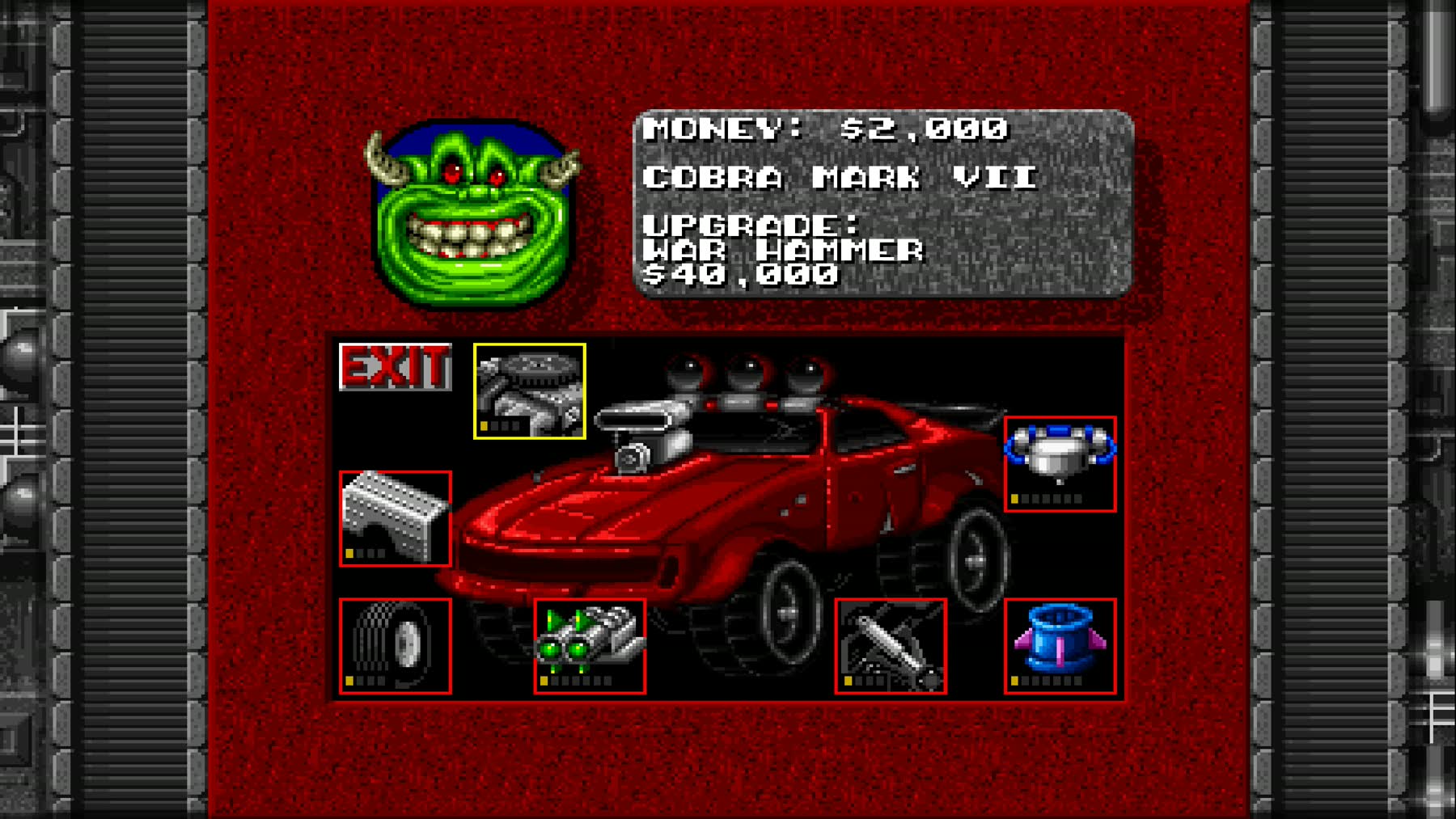 Rock N Roll Racing garage screen showing vehicle upgrades