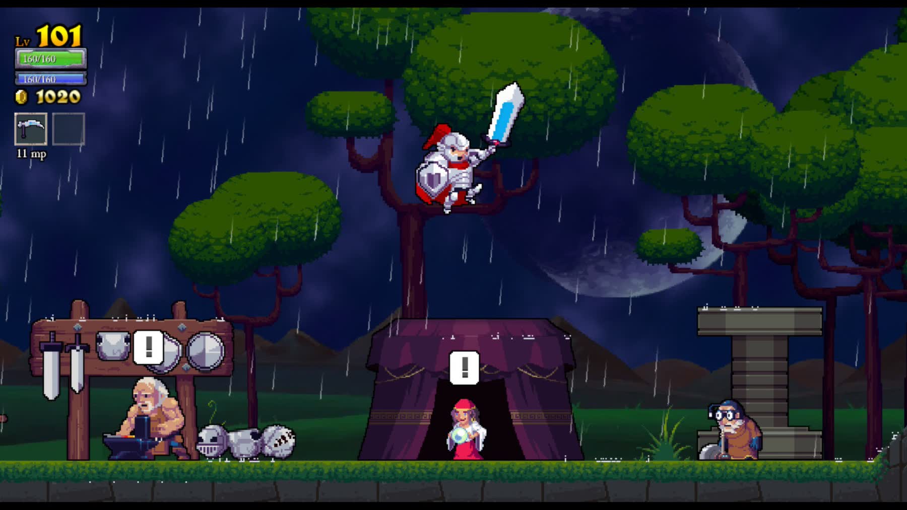 Rogue Legacy rainy hub area with upgrade vendors