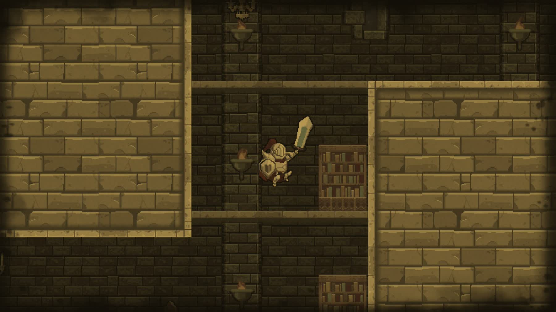 Rogue Legacy knight jumping through a torchlit castle room