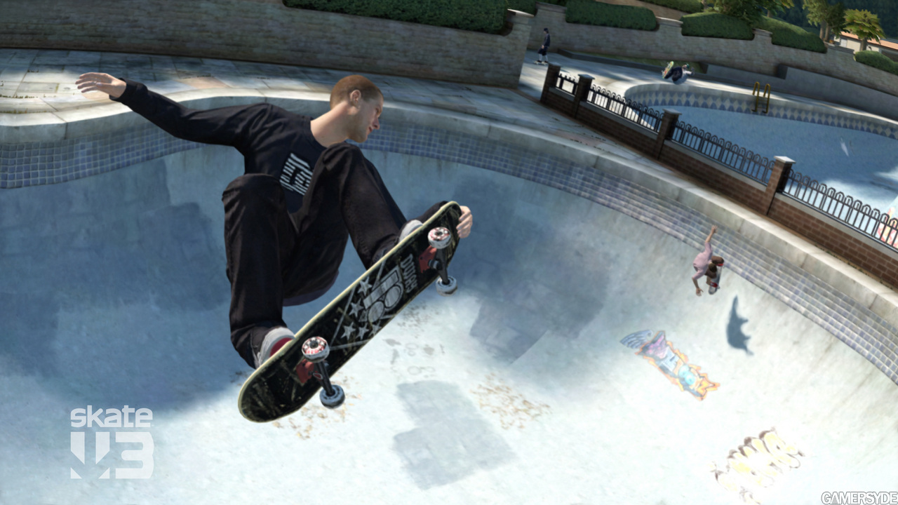 A skater grabs air over a bright concrete pool in Skate 3.