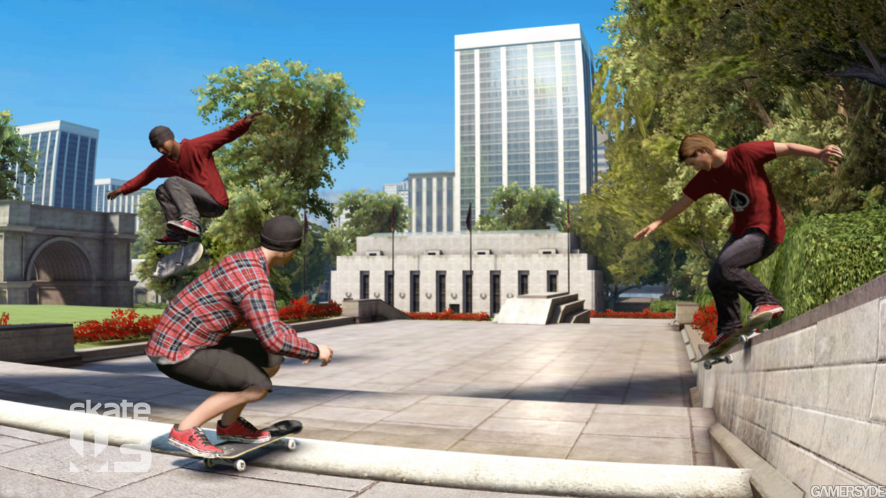 Three skaters roll through an urban plaza in Skate 3.