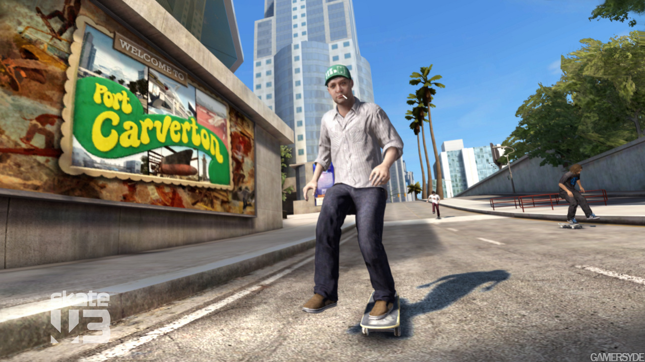 A Welcome to Port Carverton sign appears beside a skater in Skate 3.