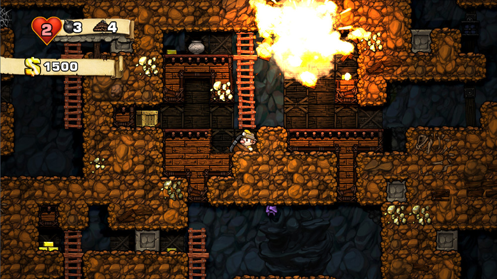 Spelunky cave screenshot with the explorer near an explosion