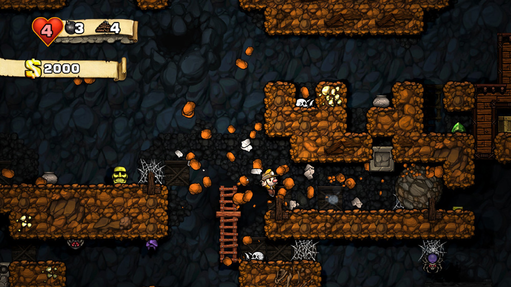 Spelunky cave screenshot filled with falling rocks and enemies