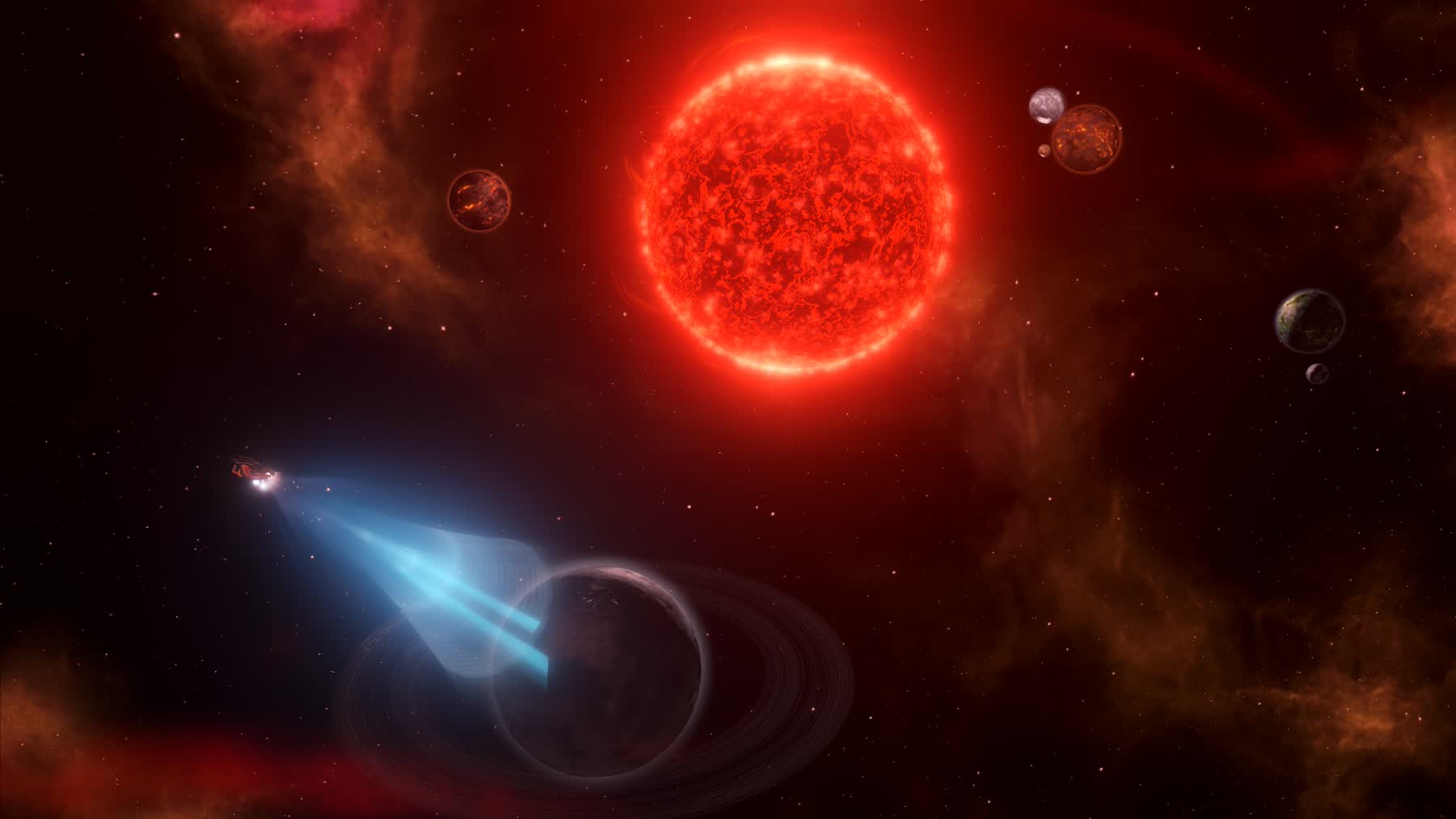 A Stellaris fleet explores a red star system