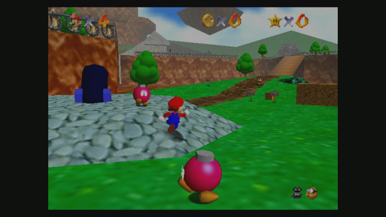 Mario stands in Princess Peach's Castle in Super Mario 64