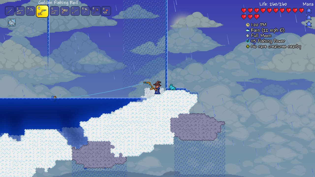 A Terraria boss fight fills the screen with projectiles and enemies.
