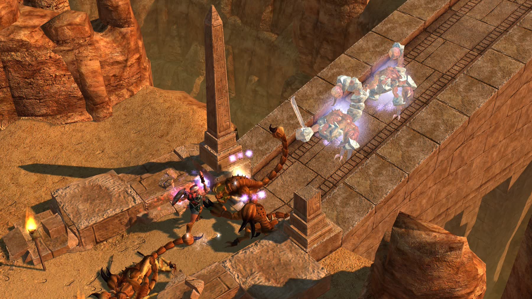 A Titan Quest battle near ruins with monsters surrounding the player