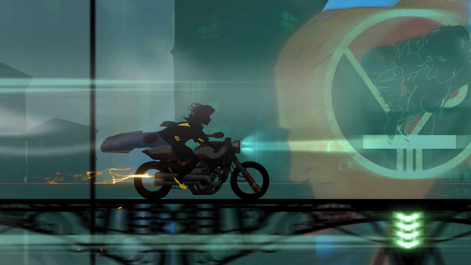 Red stands in a richly colored scene from Transistor.