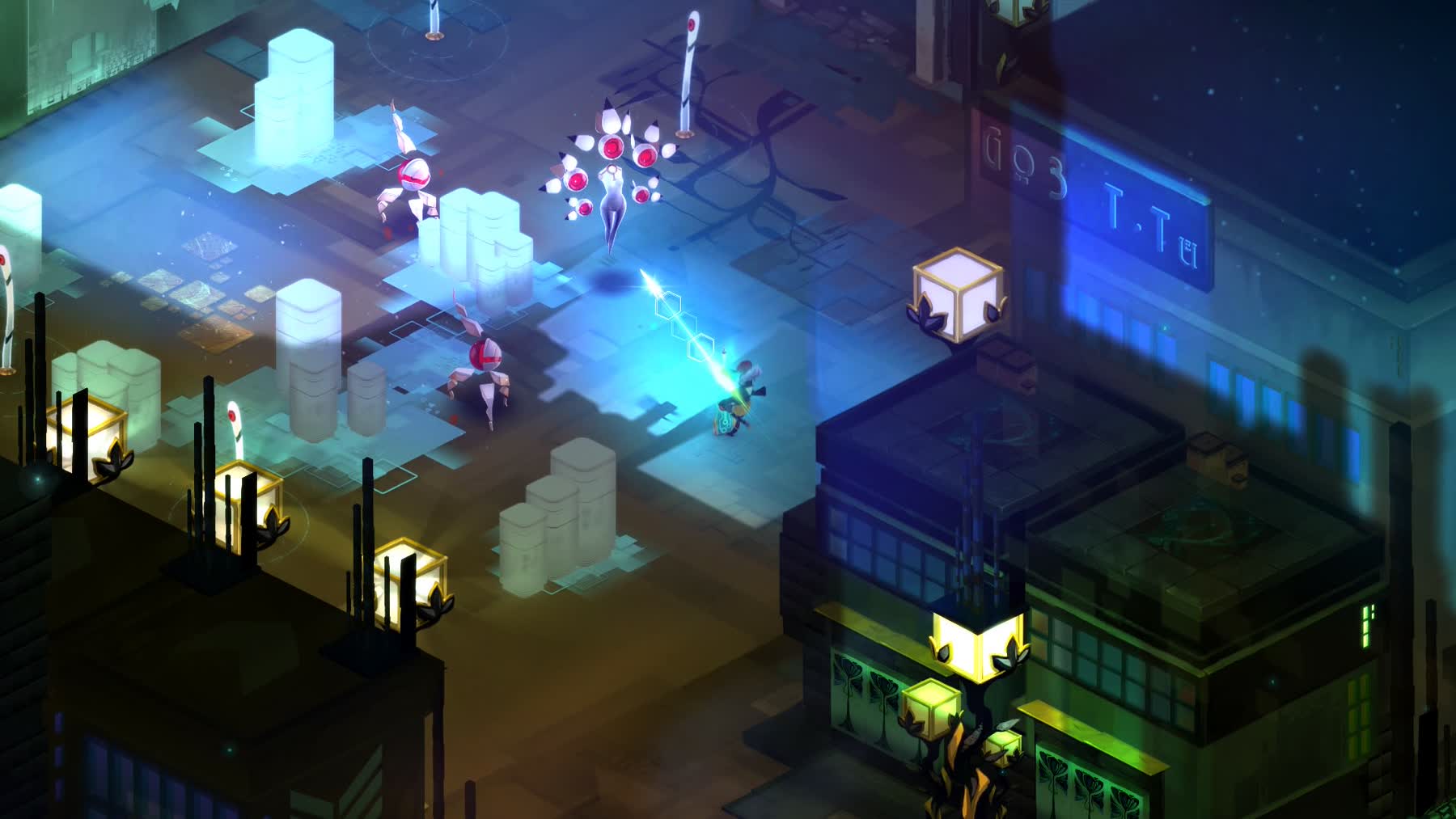 Red faces Process enemies in a neon street in Transistor.
